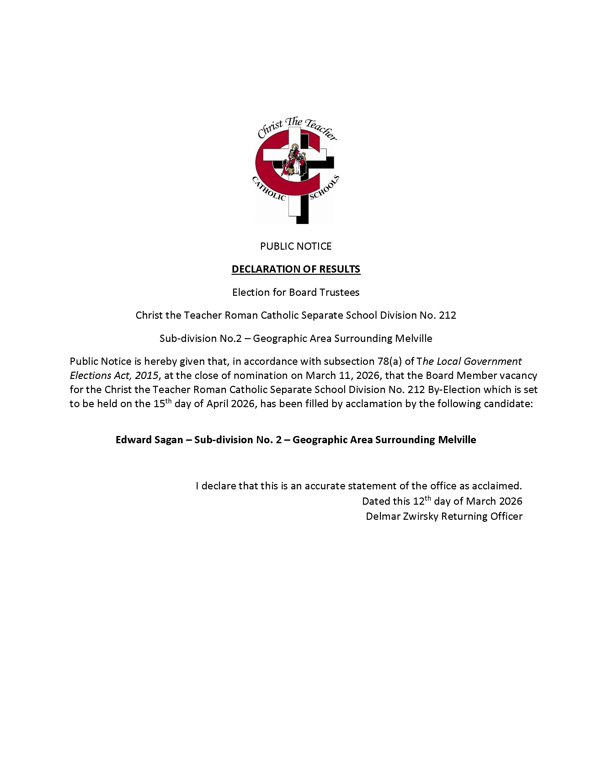 Declaration of Results Christ the Teacher March 11, 2026 Sagan